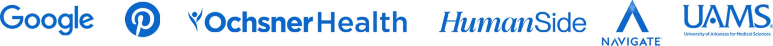 Logos of companies and organizations including Google, Pinterest, Ochsner Health, HumanSide, Navigate, and UAMS (University of Arkansas for Medical Sciences), representing clients or partners Leah Beltz has worked with.